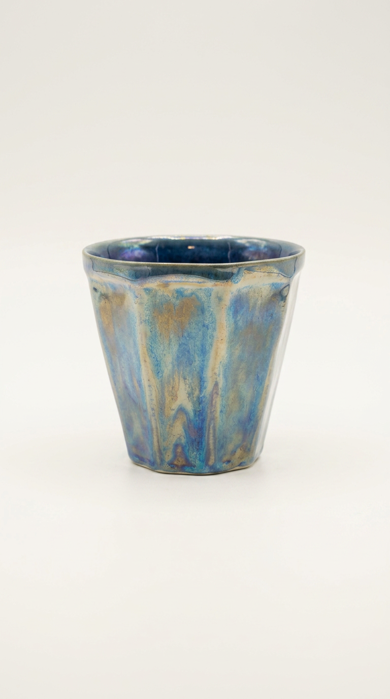 Vaso de cerámica azul con esmalte tornasolado